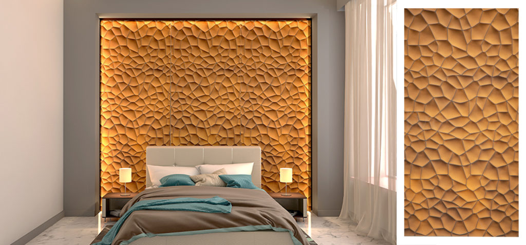 Image of bedroom wall designed using liquid metal finished 3D wall panel by Evolve India