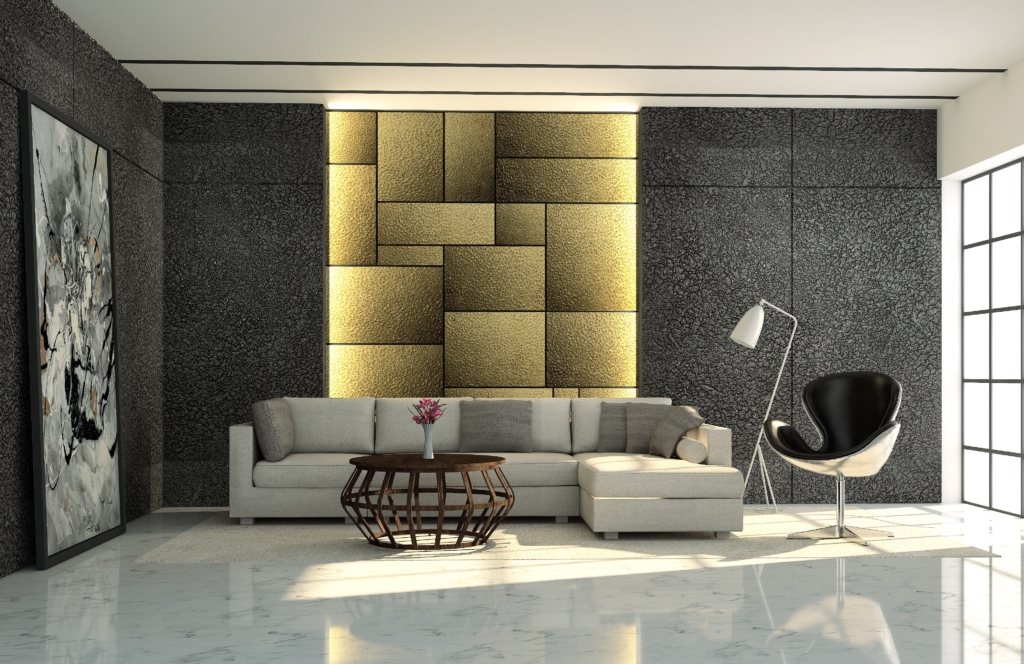Image of living room space designed using liquid metal wall finishing materials