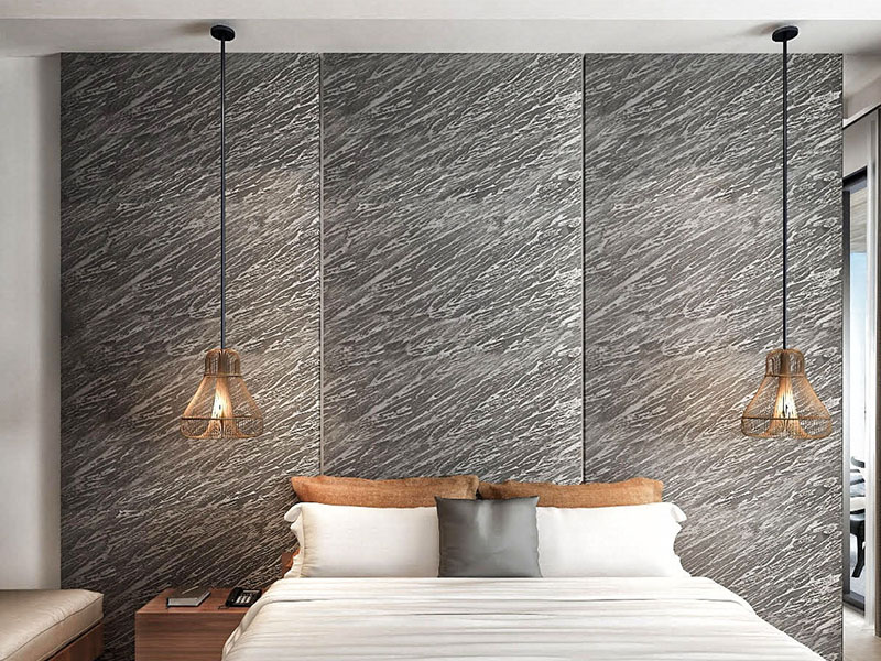 Depiction of a bedroom headboard designed using liquid gun metal wall finishing materials