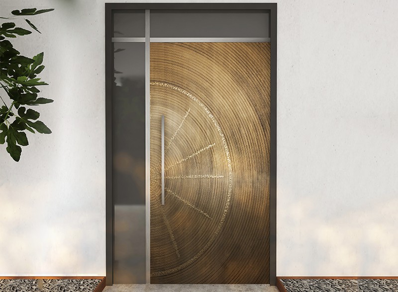 Depiction of an entrance door designed using liquid metal brass door skin