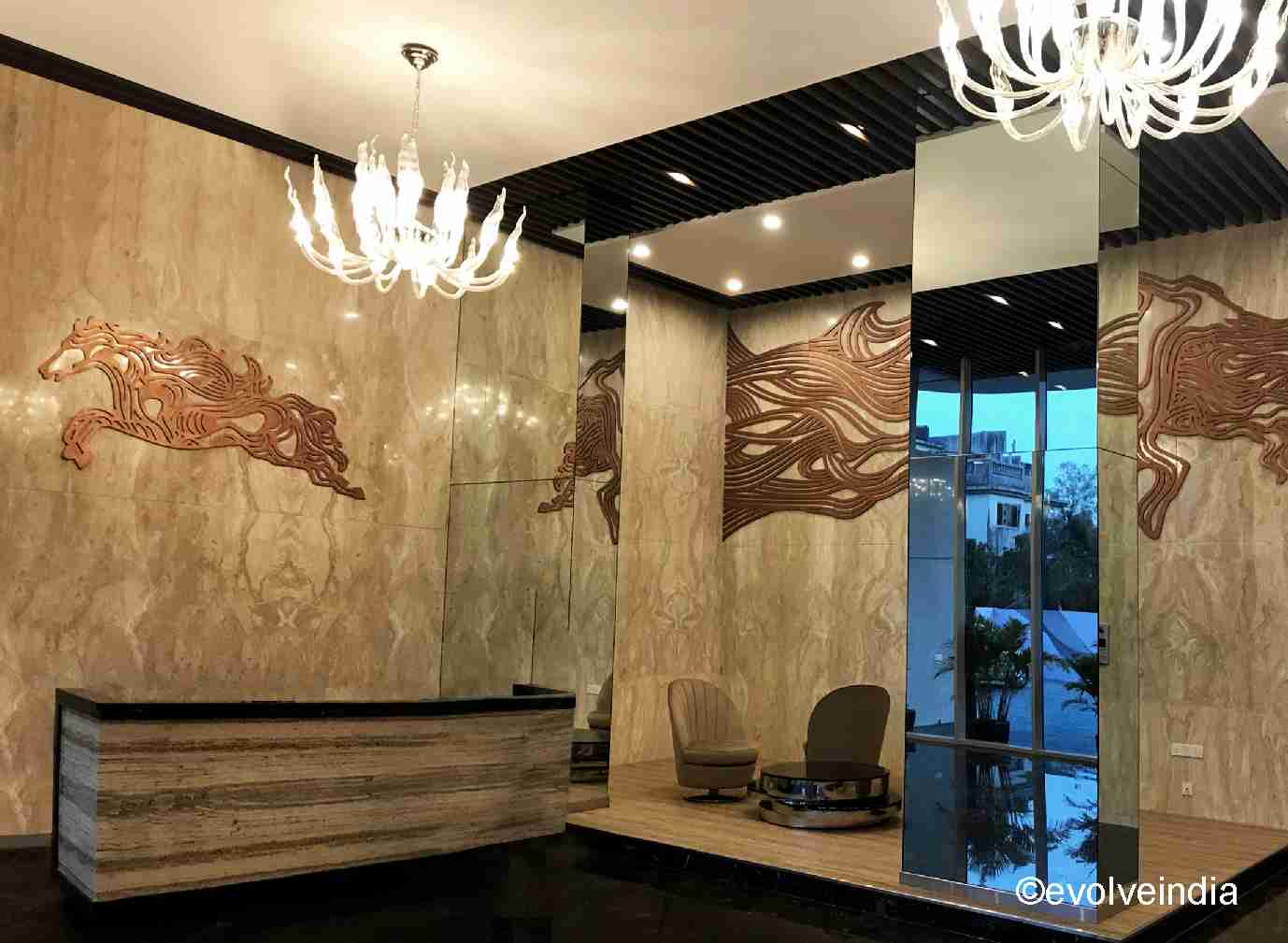 This bespoke and unique wall art, fabricated using Evolve India’s liquid metal copper finish