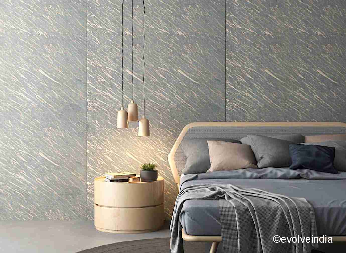 Bedroom wall texture design created using liquid metal wall finishing materials by Evolve India