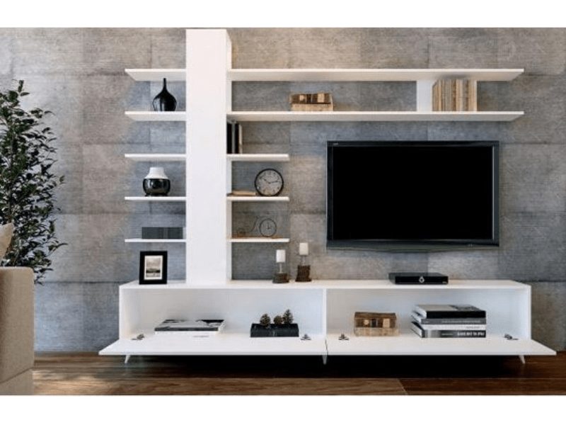 Image of a TV unit wall designed using concrete finish wall panels