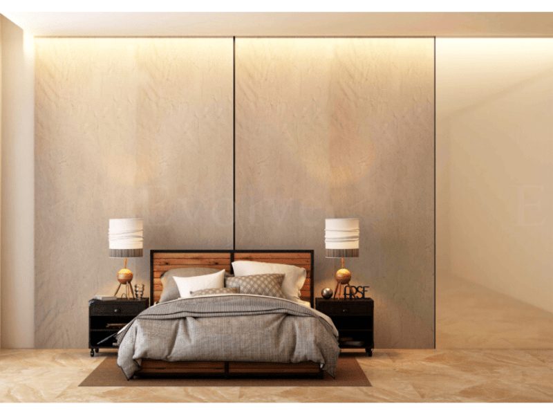 Image of a bedroom wall designed using concrete finished wall panels