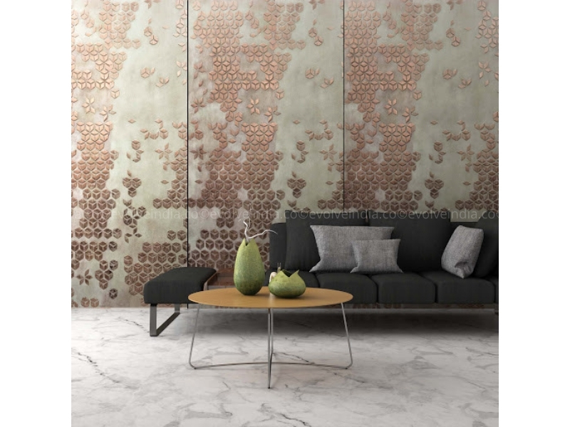 Accent wall designs texture designed using liquid metal wall panels by Evolve India | Design Name: Copper Aquilone Patina