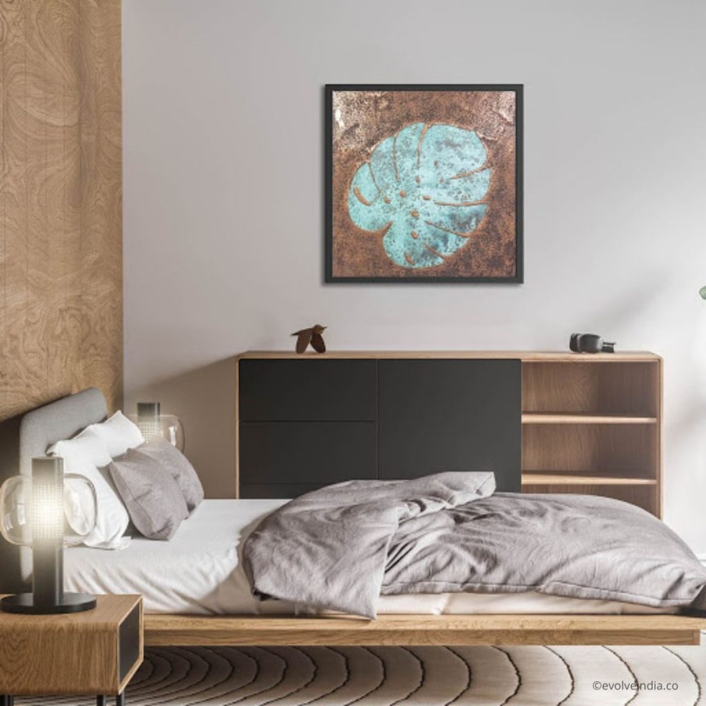 Bedroom Space Designed Using Copper and Copper Patina Botanic Wall Art by Evolve India