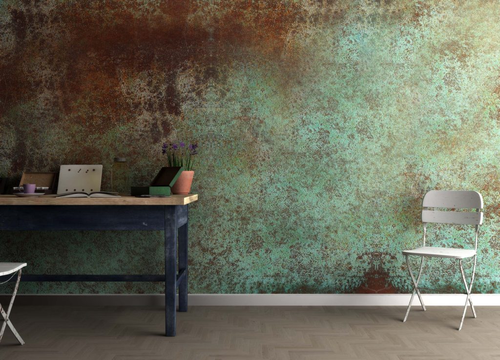 Study room wall finished using liquid metal copper patina finish  