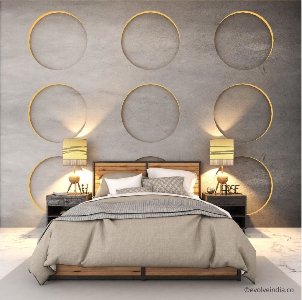Bed back accent wall designed using decorative concrete finish by Evolve India