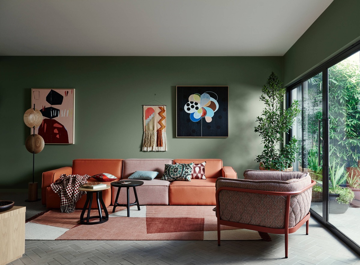 Interior Living Room Green Contemporary Sectional Green Walls
