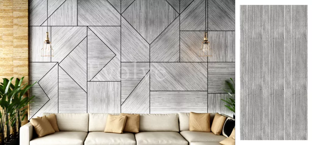 Depiction of a living room wall backdrop designed with liquid metal DIY wall panels
