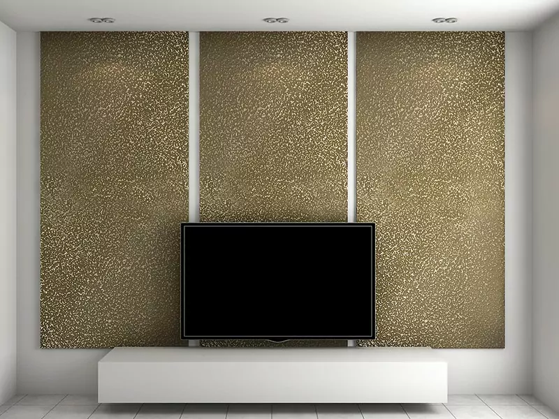 Depiction of a TV backdrop created using liquid metal finished wall panels