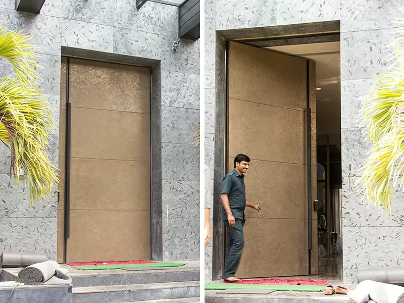 Modern door design by Evolve India, finished using brass liquid metal coating