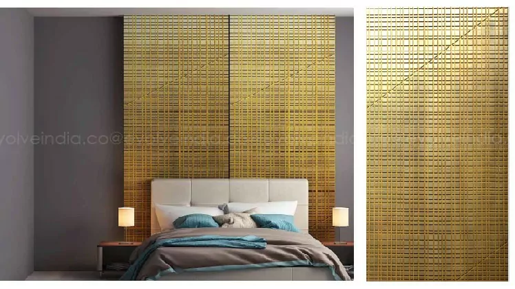Image of bedroom wall designed using liquid metal finished 3D wall panel by Evolve India