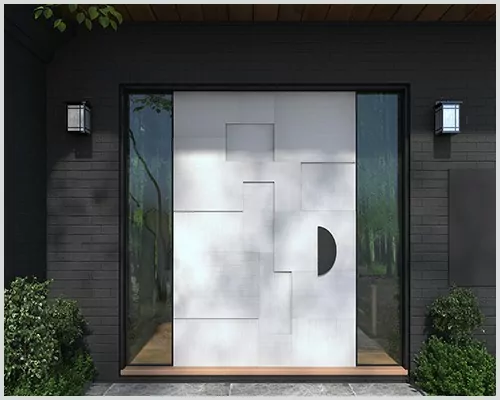 Home entrance door renovated using concrete finished door skin