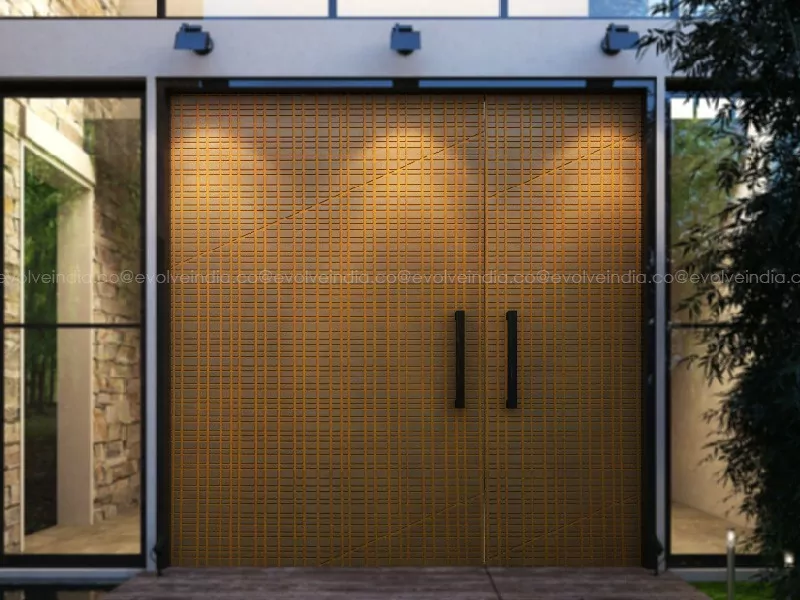 An image depicting a villa door finished using liquid metal