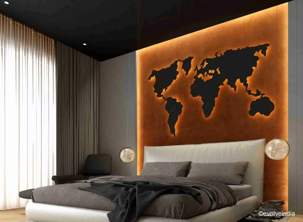 Rust finish wall with global map theme on bed back wall