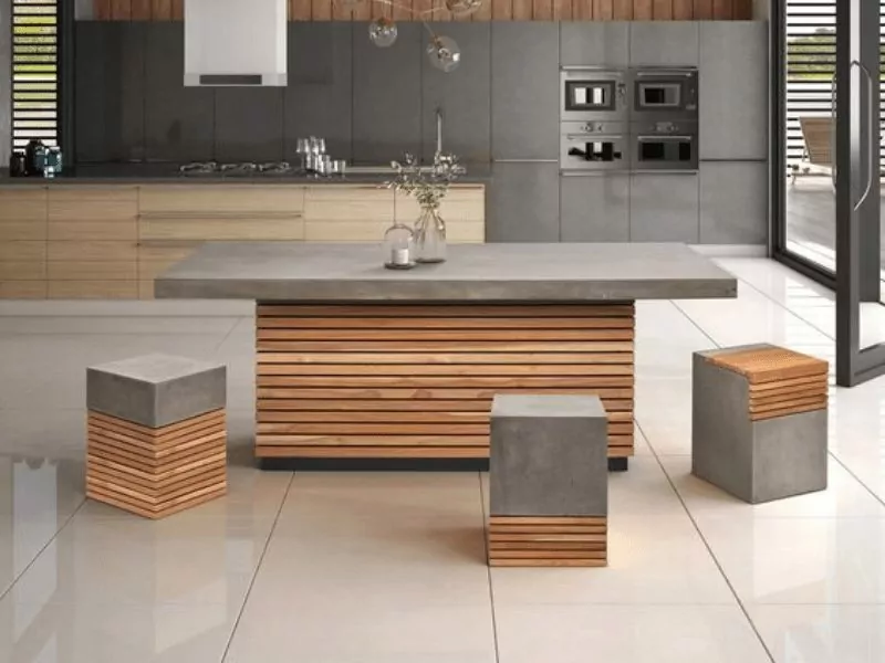 Image of a kitchen space designed using concrete finish wall panels