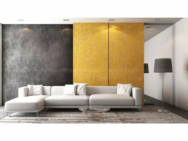Image of a living room wall designed using textured concrete finished panels