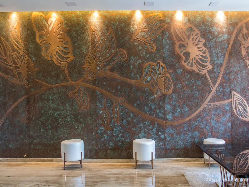 An image of living room walls designed using Copper Patina panels