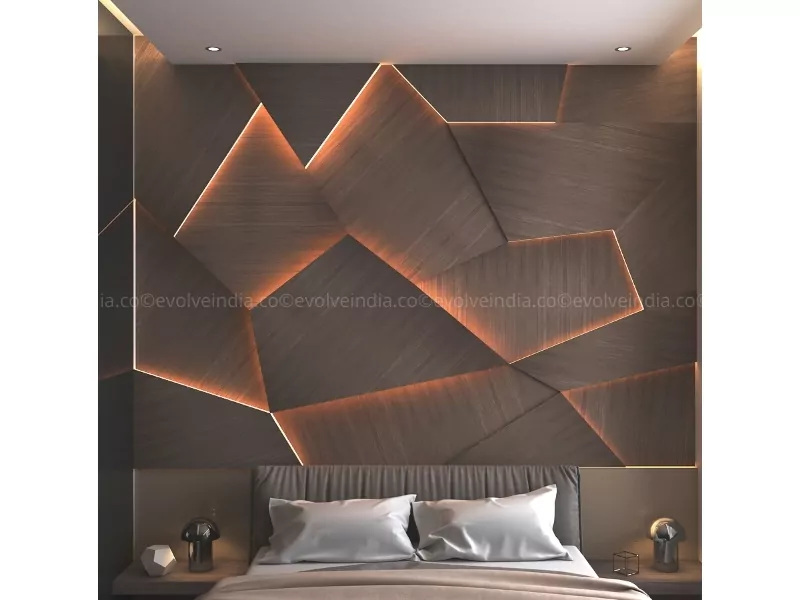 Bed backdrop designed using liquid metal wall panels by Evolve India | Design Name: Etched Copper