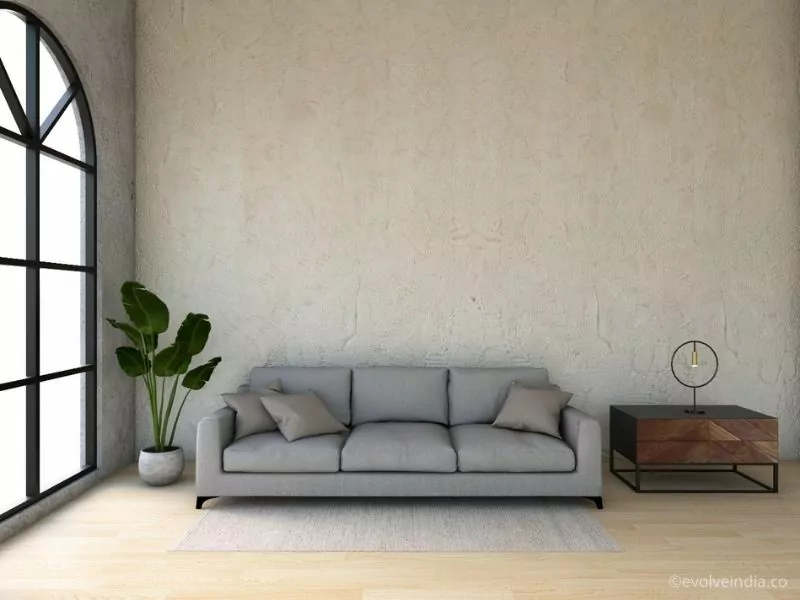 A Living Room Accent Wall Designed Using Textured Concrete Finish by Evolve India