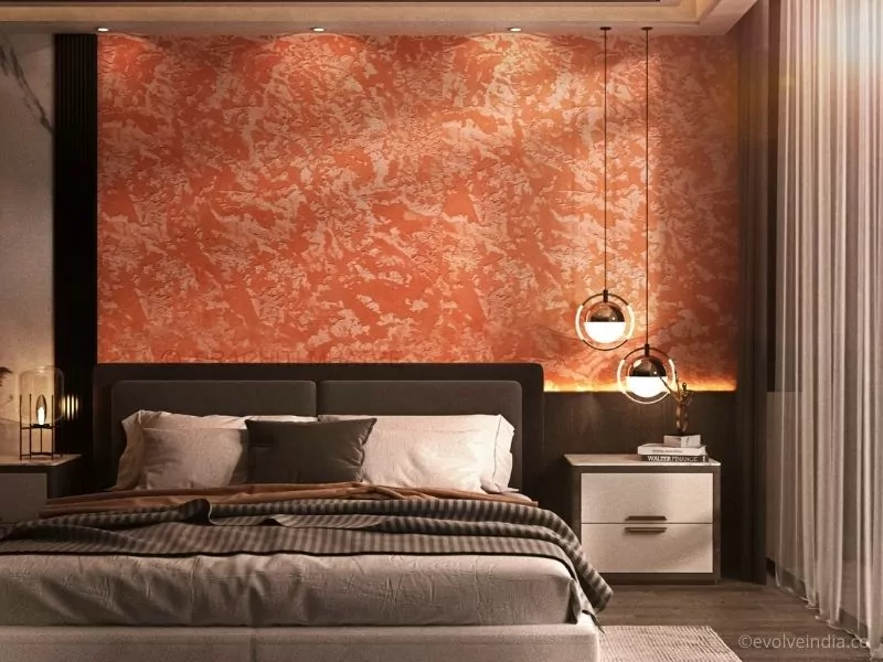 A Bed Backdrop Designed Using Textured Concrete Finish In the Design Monterrey Scarlet Beauty by Evolve India