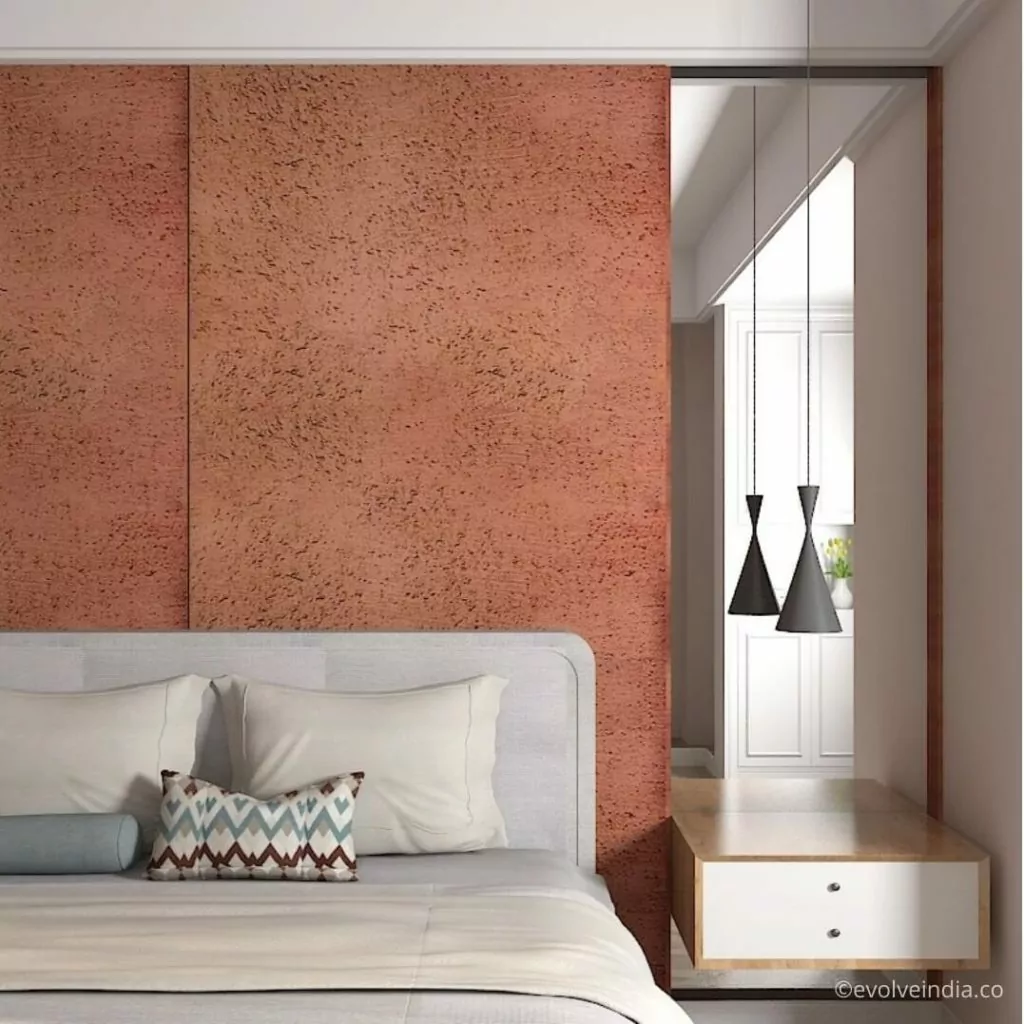 Bed back wall designed using decorative concrete panel by Evolve India