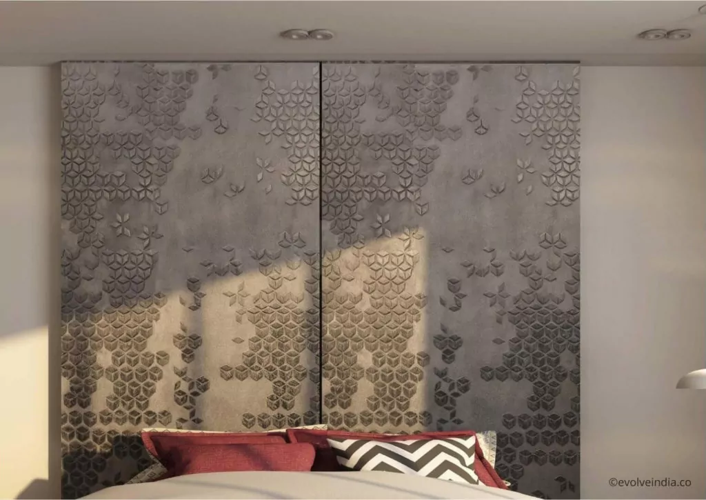 Bed back wall designed using decorative concrete wall panels by Evolve India