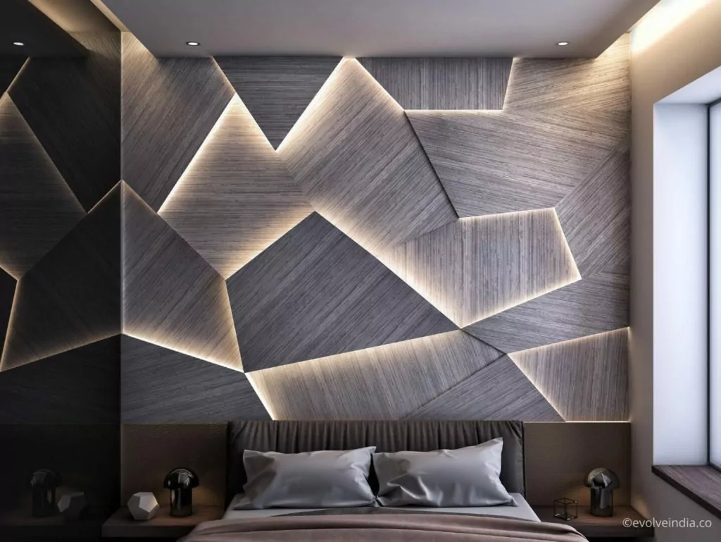 Bed back wall designed using liquid metal aluminium panels by Evolve India